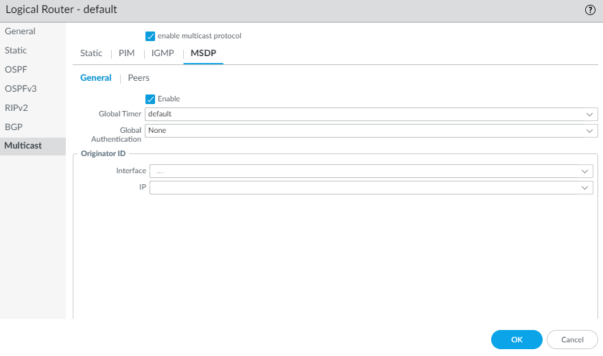 MSDP General configuration tab.